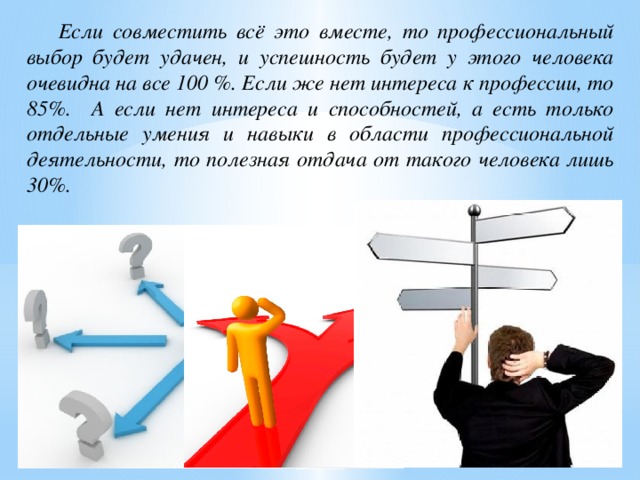 Если совместить всё это вместе, то профессиональный выбор будет удачен, и успешность будет у этого человека очевидна на все 100 %. Если же нет интереса к профессии, то 85%. А если нет интереса и способностей, а есть только отдельные умения и навыки в области профессиональной деятельности, то полезная отдача от такого человека лишь 30%.