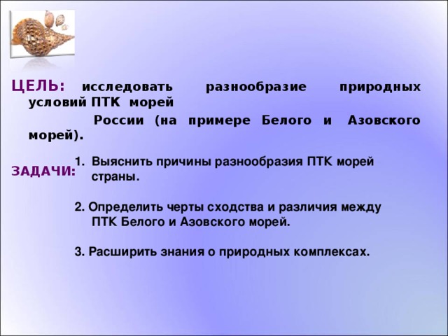 ЦЕЛЬ:  исследовать разнообразие природных условий ПТК морей  России (на примере Белого и Азовского морей).  ЗАДАЧИ:  Выяснить причины разнообразия ПТК морей страны.  2. Определить черты сходства и различия между ПТК Белого и Азовского морей.  3. Расширить знания о природных комплексах.