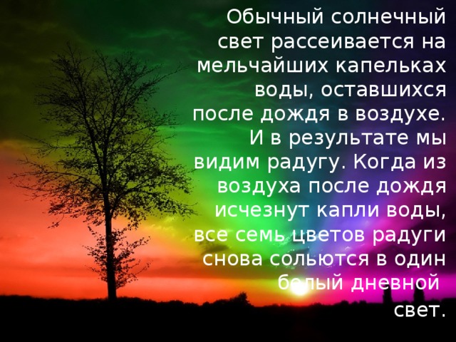 Обычный солнечный свет рассеивается на мельчайших капельках воды, оставшихся после дождя в воздухе. И в результате мы видим радугу. Когда из воздуха после дождя исчезнут капли воды, все семь цветов радуги снова сольются в один белый дневной свет.