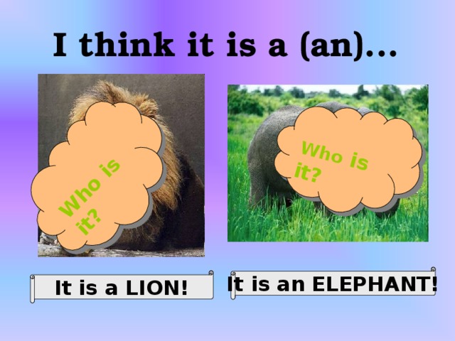 Who is it?  Who is it? I think it is a (an)...   It is an ELEPHANT! It is a LION!