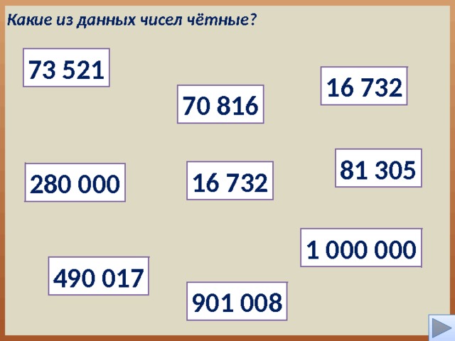 Какие из данных чисел чётные? 73 521 16 732 70 816 81 305 16 732 280 000 1 000 000 490 017 901 008 4 