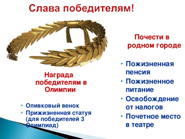 Награды которых удостаивался олимпионик венки из ветвей. От родного города победителю Олимпийских игр полагалось. Поэты прославляли победителей Олимпийских игр в. От родного города победителю полагалось бронзовая.