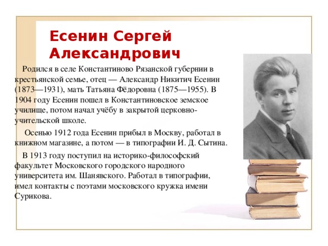 Есенин сообщение. География Сергея Александровича Есенина. Биография Есенина.