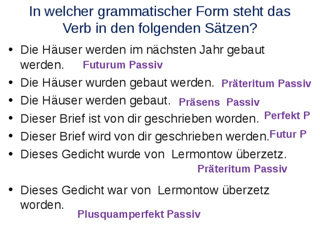 In welcher grammatischer Form steht das Verb in den folgenden Sätzen? Die Häuser werden im nächsten Jahr gebaut werden. Die Häuser wurden gebaut werden. Die Häuser werden gebaut. Dieser Brief ist von dir geschrieben worden. Dieser Brief wird von dir geschrieben werden. Dieses Gedicht wurde von Lermontow überzetz. Dieses Gedicht war von Lermontow überzetz worden.         Futurum Passiv  Präteritum Passiv  Präsens Passiv  Perfekt P  Futur P  Präteritum Passiv  Plusquamperfekt Passiv