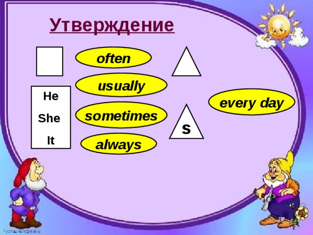 Утверждение often usually He She It every day sometimes s always