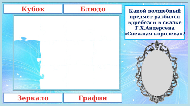 Блюдо Кубок Какой волшебный предмет разбился вдребезги в сказке Г.Х.Андерсена «Снежная королева»? Зеркало Графин