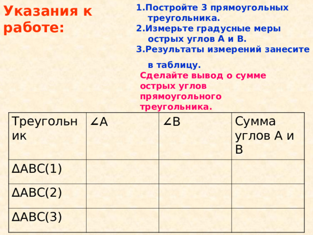 Указания к работе: 1.Постройте 3 прямоугольных треугольника. 2.Измерьте градусные меры острых углов А и В. 3.Результаты измерений занесите в таблицу.   Сделайте вывод о сумме острых углов прямоугольного треугольника.   Треугольник ∠ А ∆ АВС(1) ∠ В ∆ АВС(2) Сумма углов А и В ∆ АВС(3)