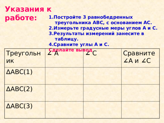 Указания к работе: . 1.Постройте 3 равнобедренных треугольника АВС, с основанием АС. 2.Измерьте градусные меры углов А и С. 3.Результаты измерений занесите в таблицу. 4.Сравните углы А и С. Сделайте вывод Треугольник ∠  А ∆ АВС(1) ∠  С ∆ АВС(2) Сравните ∠ А и ∠ С ∆ АВС(3)